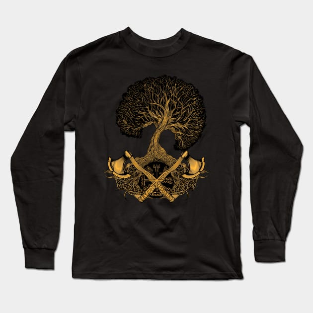 Axes and Vegvisir - Yggdrasil Long Sleeve T-Shirt by Modern Medieval Design